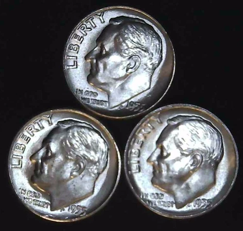 1955-P  D S 10C Roosevelt Dime (3  Coins) BU 90% Silver 26rtt0120