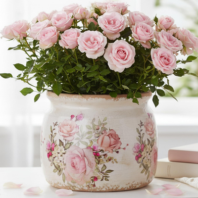 Ceramic Planter for Indoor Plants, 6.29 Inch Rose Pattern Crackle