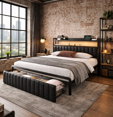 Full Queen Size Bed Frame with Storage Drawers, 2-Tier Storage&LED Headboard