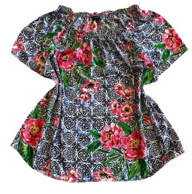 Talbots Womens XL Floral Tile Print Blouse Short Sleeve Boho Top Multicolor