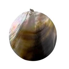 Large Mother Of Pearl Disc Pendant Silver Tone Rainbow Shell Jewelry Component
