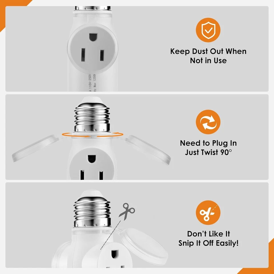 Light Socket Outlet Adapter, Update to 3 Prong Plug Splitter with Waterproof and - Image 3 of 4
