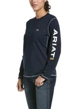Ariat Shirt Womens XL Navy Rebar Workman Logo Long Sleeve Pocket Workwear Tee 