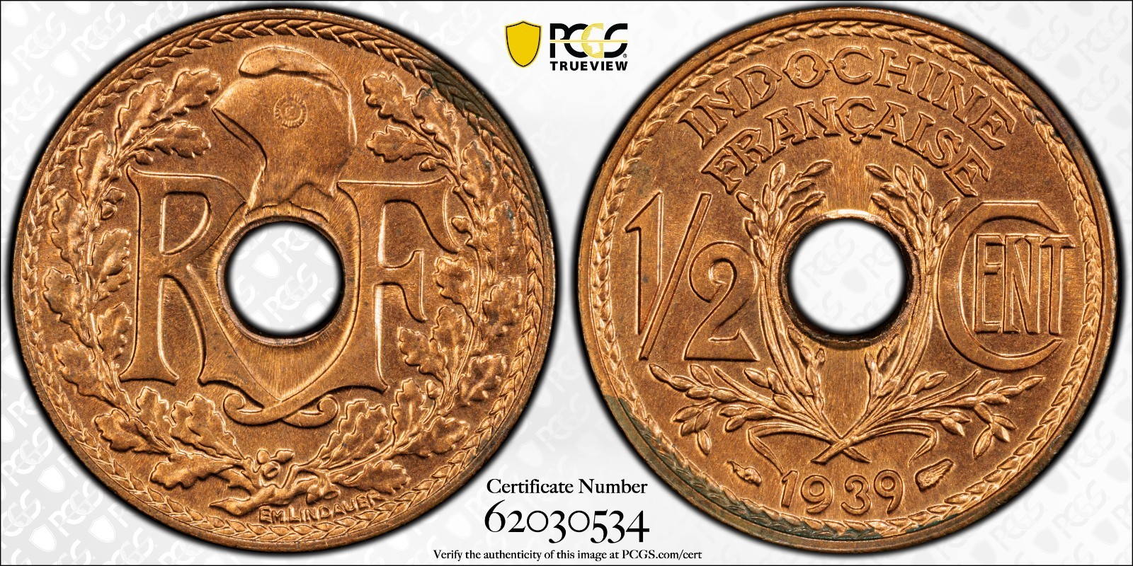 French Indochina 1/2 Cent 1939 PCGS MS 66 RD