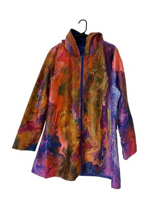 Ubu Womens Reversible Parisian Raincoat Jacket Abstract Colorful XL Full Zip NWT