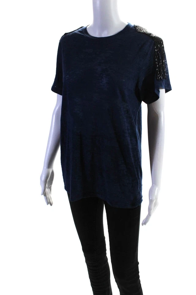Camiseta Blusa Torn by Ronny Kobo Mujer Con Cuentas Flecos Burnout Azul Talla XS Foto 2 de 4