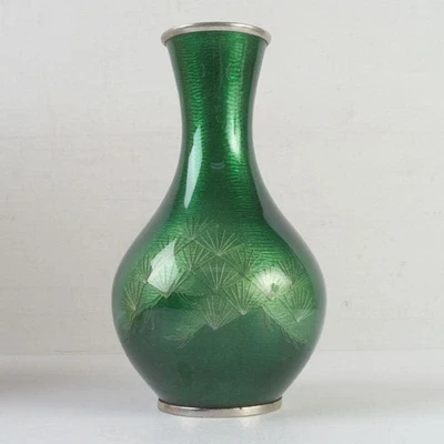 Cloisonne Vase Pine Needles pattern 8.5 inch tall Japanese Green Pot - Image 1 of 4