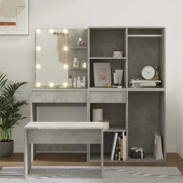 Schminktisch-Set LED Beleuchtung Betongrau Holzwerkstoff-image