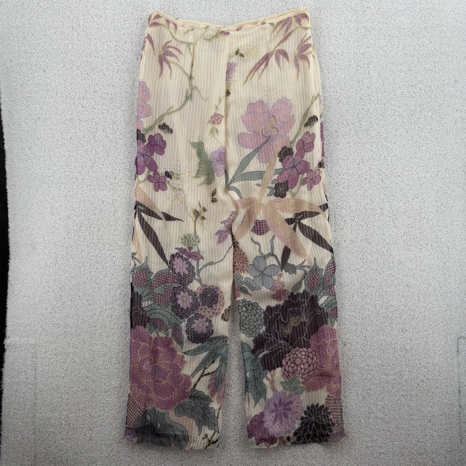Armani Collezioni Pants Womens 8 Ivory Floral Pleated Silk Cotton Made Italy - Image 2 of 4