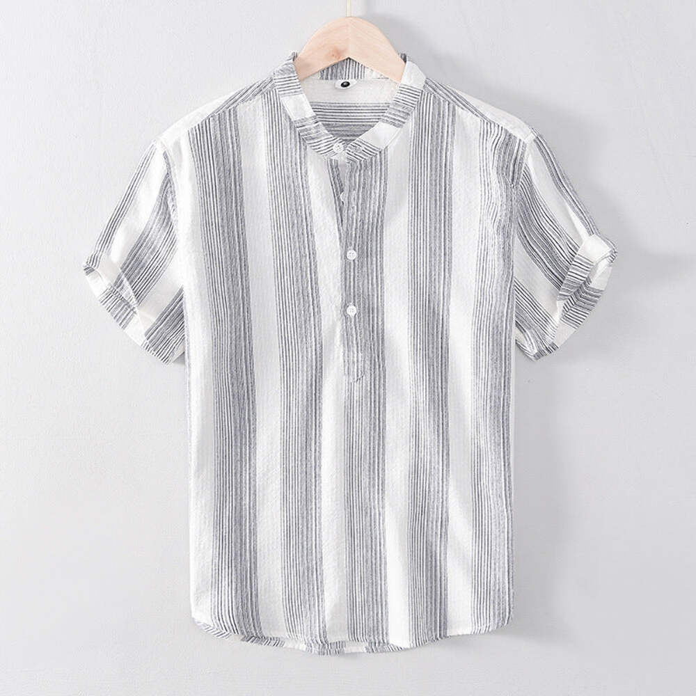 Casual Striped Cotton T-shirt for Youth Short Sleeve Breathable Loose Fit in Kha