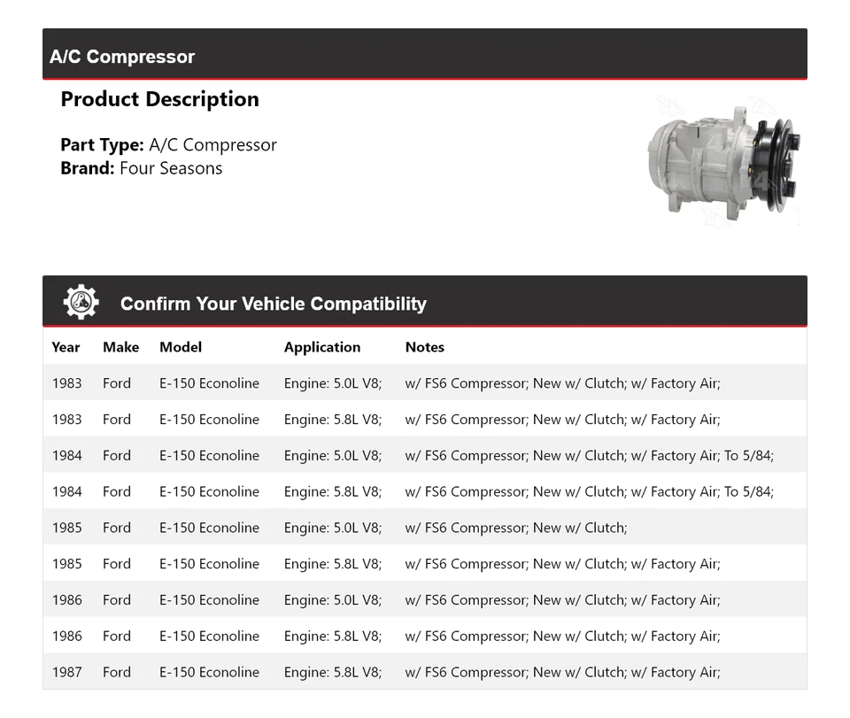 Compresor de aire acondicionado para Ford E-150 Econoline 1983-1987 4 estaciones 1984 1985 1986 Foto 2 de 4