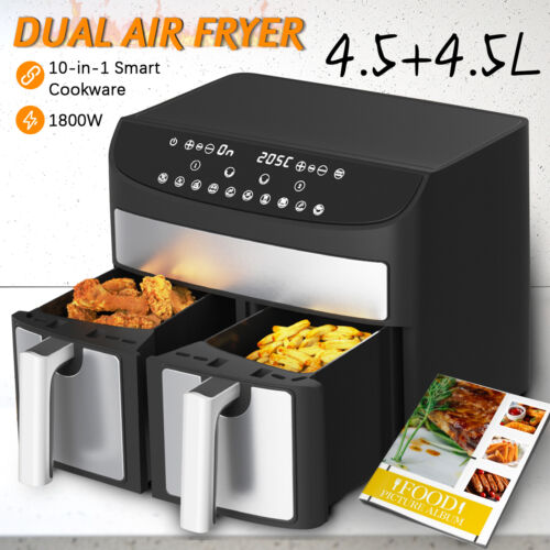 9L Dual Air Fryer Double Drawer 2 Basket Zone 8 Functions Digital Family 1800W - Picture 1 of 10