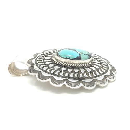 Andy Cadman Handmade Navajo Sterling Silver Concho Pendant Nevada Turquoise - Picture 4 of 7