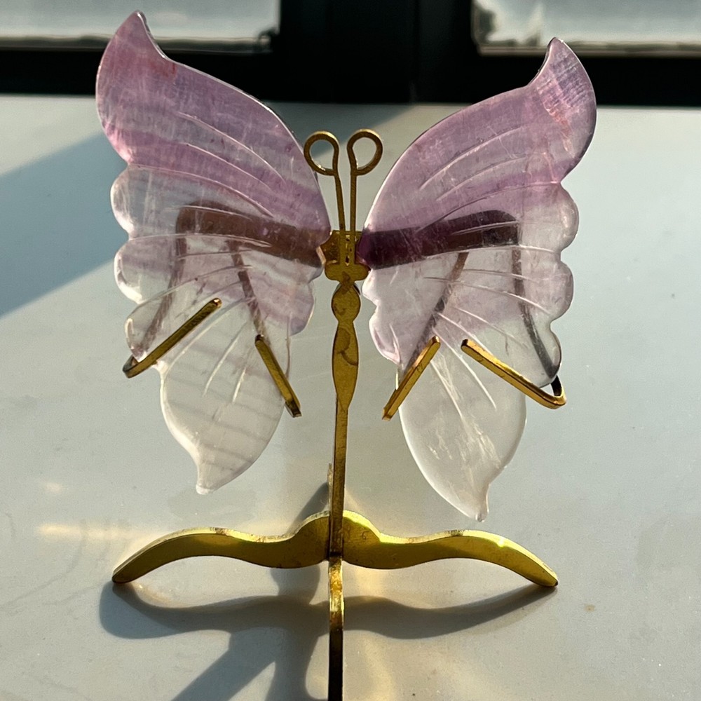 106G Natural Crystal Fluorite Butterfly Wings Healing Statue Decor + Stand