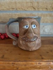 Vintage 1980s Stoneware Cup 3D Ugly Funny Mustached Face Coffee Pottery  Mug