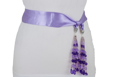Women Lavender Purple Satin Tie Wrap Around Sash Belt Hip  display picture 1