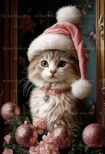 CAT SANTA HAT PINK CHRISTMAS ART PRINT, Holiday Wall Decor, Kitten Poster E549