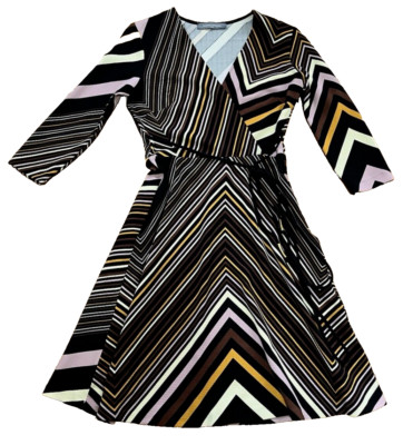 Sandro Ferrone Roma Diagonal Striped A-Line Dress With Long Sleeve & Tie Sz 42