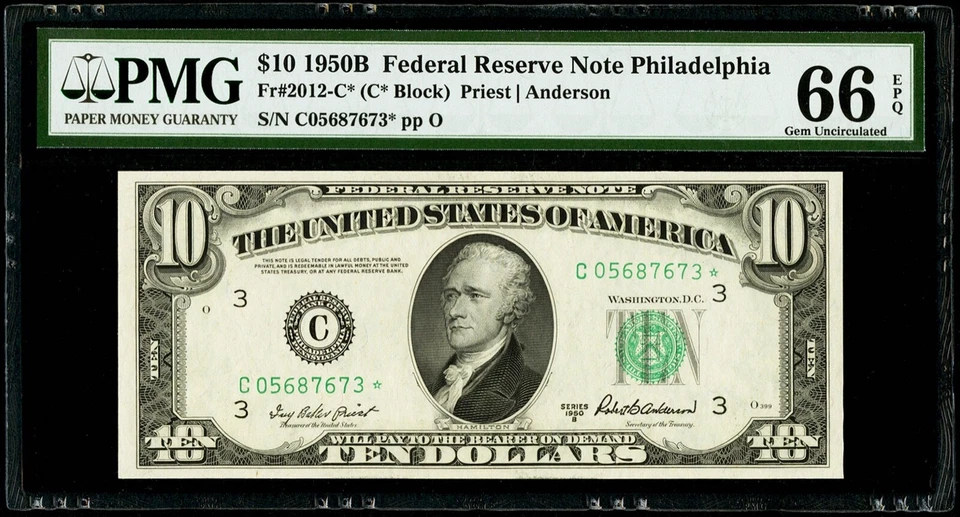 $10 1950B Federal Reserve * Star Note Philadelphia Fr#2012-C* PMG 66 EPQ Gem UNC - Image 3 of 3