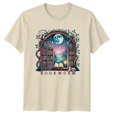 Bücherwurm Szene T-Shirt, Fantasy Bücher, Lesen, Eule, Katze, Mond