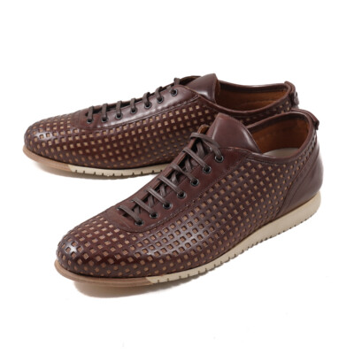 NIB $495 FRANCESCHETTI Chocolate Brown Punched Leather Racer Sneakers 12 Shoes