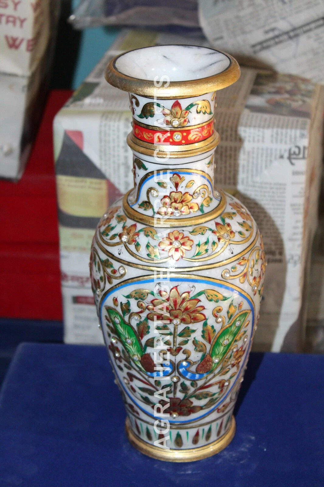 14" Multi Floral Peacock Hand Painted Art Marble Flower Vase Pot Decor H5738