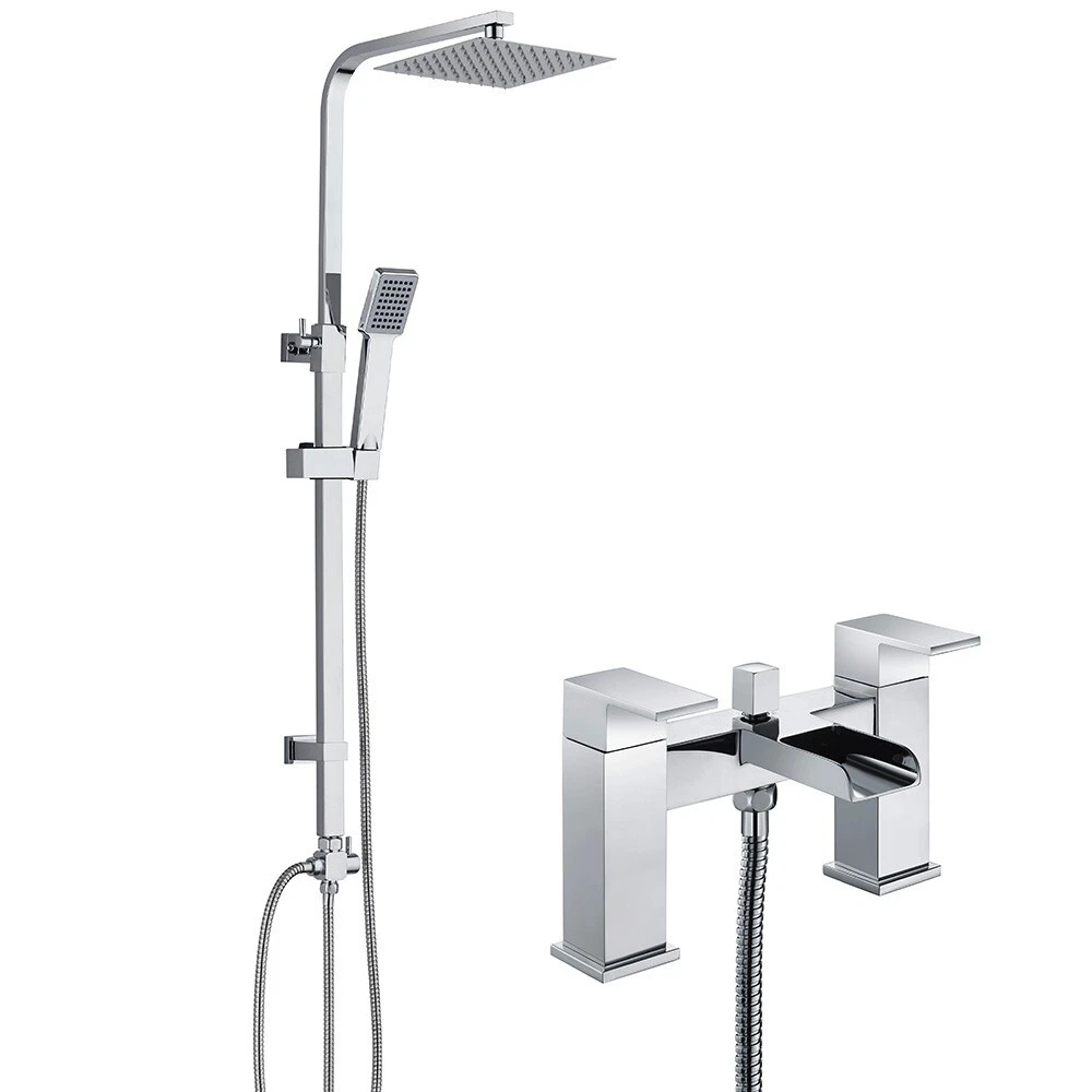 Waterfall Bath Shower Mixer Tap With Chrome Square 3 Way Rigid Riser Shower Kit