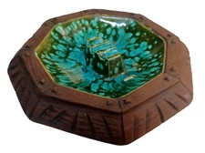 Vintage Ceramic Mid Century 1960's Large ASHTRAY Brown/Blue Octagon Shape 11"