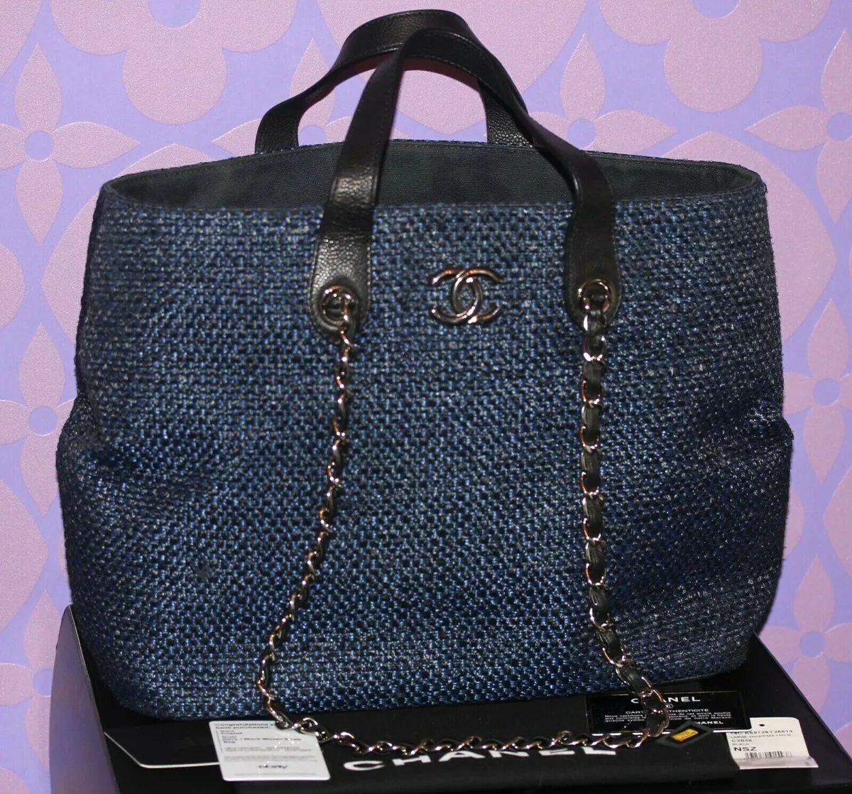 CHANEL Raffia Straw Executive Tote Woven Chain 2-WAY Expandable Beachy  Navy/Blk.