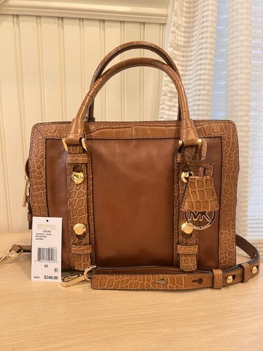 MICHAEL KORS Brown Leather Satchel Collins Studded Crocodile Crossbody Bag