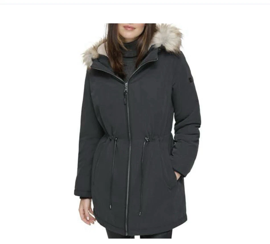 Chaqueta anorak con capucha con ribete de piel sintética para mujer DKNY, negra, X-pequeña Foto 2 de 3