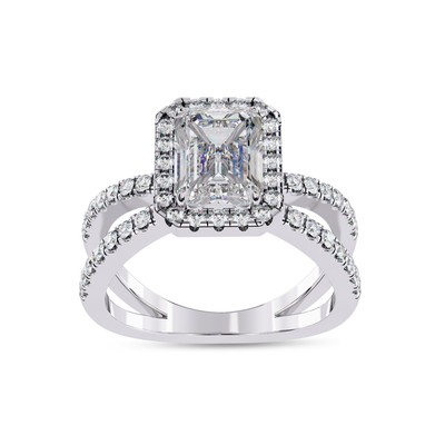 2.15 Ct Emerald Diamond Split Shank Halo Solitaire Ring 14K White Gold Lab Grown