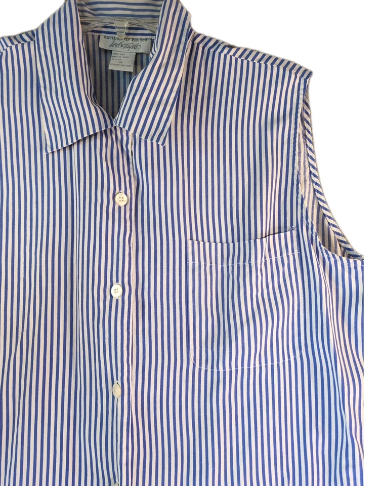 Винтажная шелковая блузка Lord & Taylor размер 16 без рукавов синяя белая полоса на пуговицах - Изображение 3 из 4