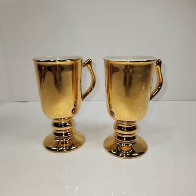 Two VTG Hall China Golden Glo Irish Coffee Mugs Pedestal Footed GUC Review Photo