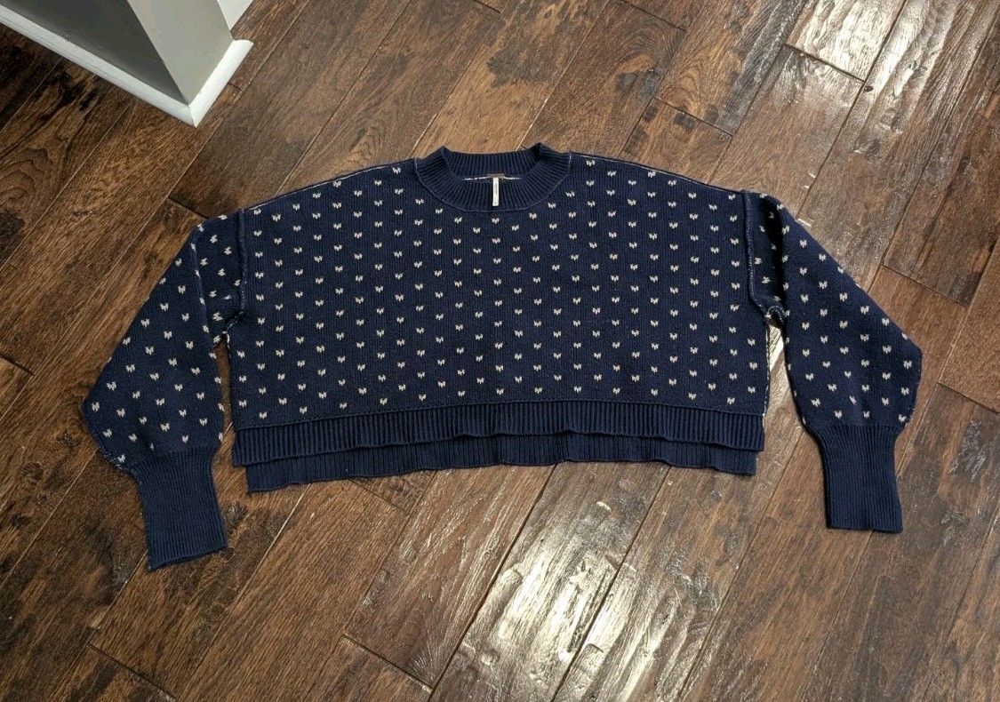 Small Free People Patterned Easy Street Cotton Cropped Pullover Sweater Navy