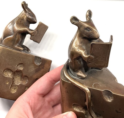 Vtg Brass Bookends Mouse Reading on Swiss Cheese Wedge Paper Weights S Pacific - Picture 4 of 7