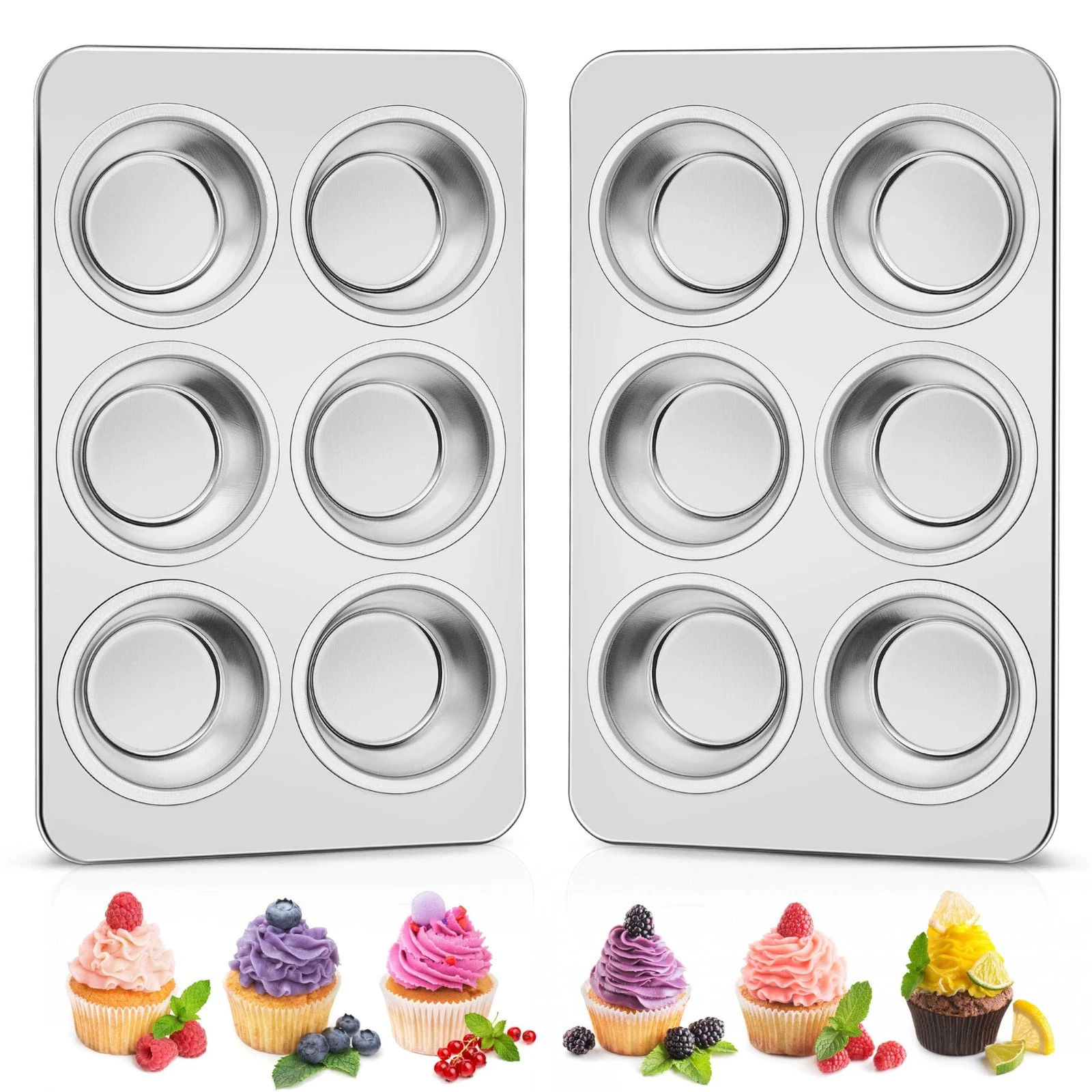 2 Pack Muffin Pan, Stainless Steel Cupcake Baking Tin with 6 Cups Regular Siz...