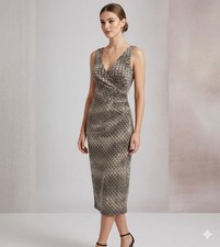 Vtg Bebe Women s Small Black Gray Geo Print V-Neck Midi Dress Sleeveless S USA