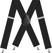 Mens Suspenders 2 Inch Wide X-Back Braces With 4 Strong Metal Clips Black