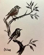 Sparrows in a Tree, B. Oliver Original Acrylic Ink Painting Art, 8x10