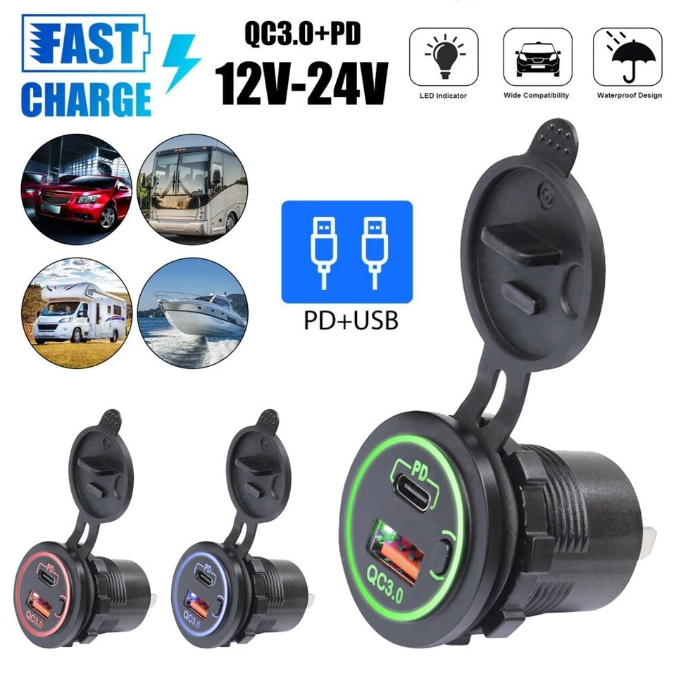 QC 3.0 USB + PD Type-C Fast Car Charger Socket Adapter Power Outlet 18W 12V/24V - Image 2 of 4