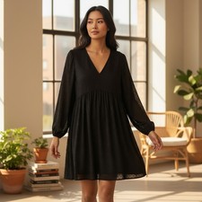 Old Navy Black Seamed Bodice Textured Long Sleeve Mini Swing Dress XL TALL