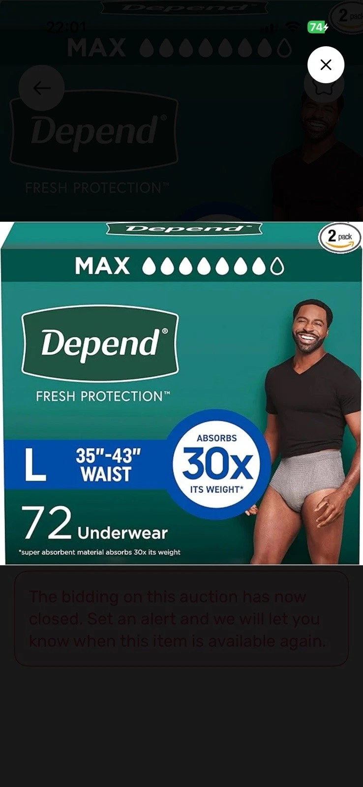 Depend Underwear Fresh Protection Night Defense 72 Ct. Lg. Depends Dry Shield