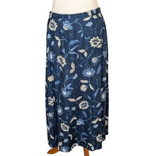 Vintage Talbots Blue Floral Print Maxi Skirt Women's 14P Linen Blend Cottagecore