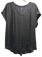 Simply Vera Black Silky Gossamer, Cuffed Short Sleeve V-Neck Blouse, Size XXL