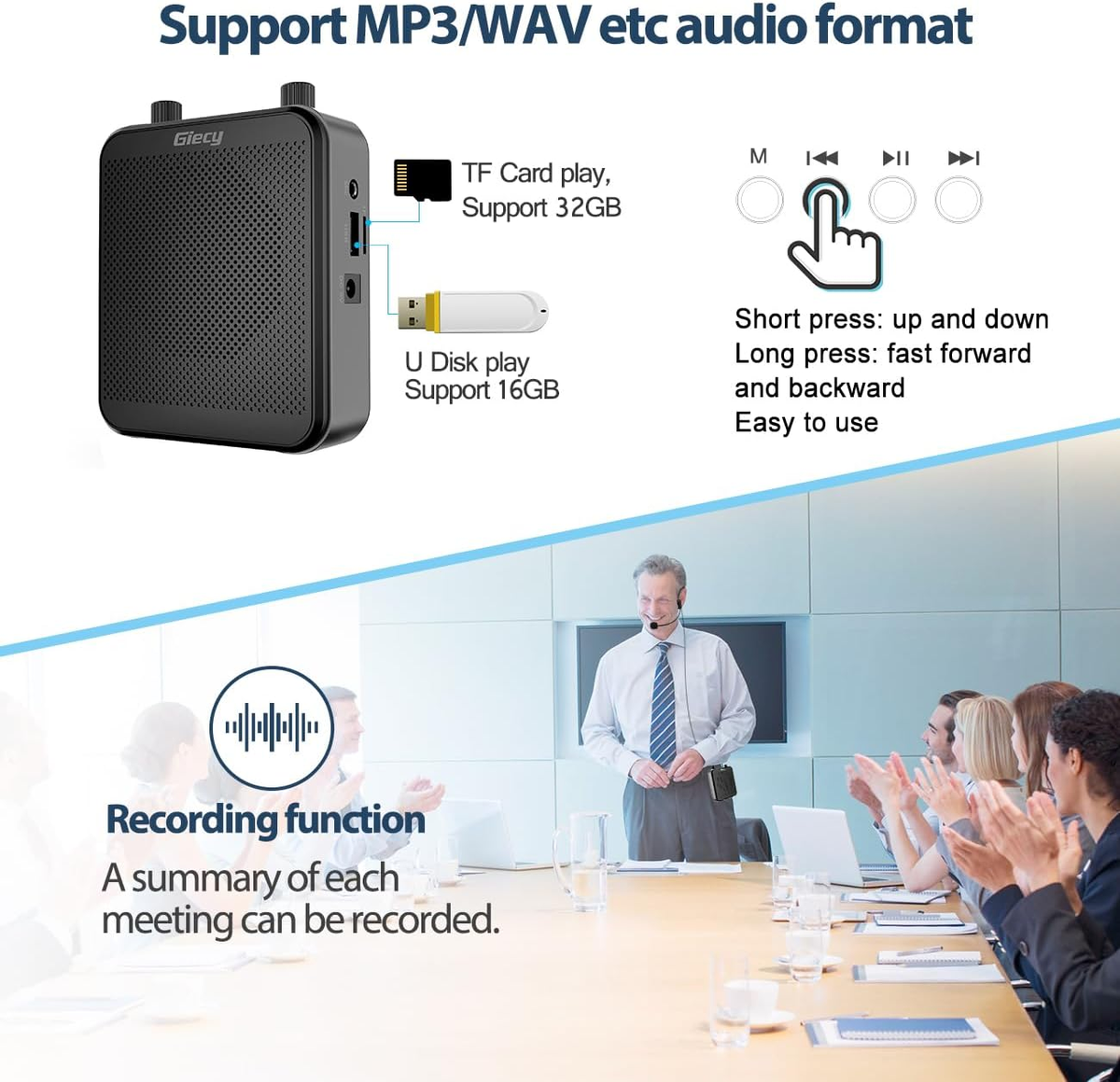Amplificateur Voix Portable 30W - Micro Casque UHF - Lecteur MP3/Bluetooth/FM - Autonomie 17h - Pour Enseignants