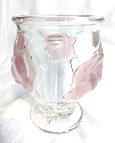 Teleflora France Frosted Raised Pink Rose Glass Vase 6.25" x 4.25" - Picture 3 of 7