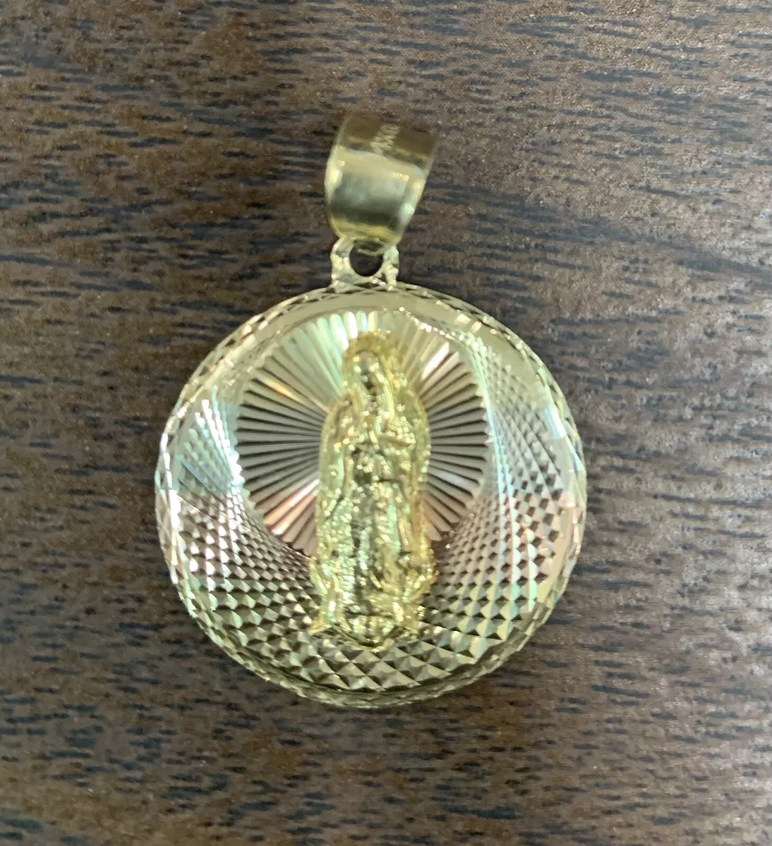 14k Solid Gold Virgin Mary Jesus Cross Circle Pendant