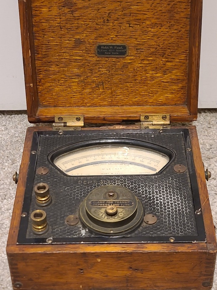 A cased Robt. W. Paul unipivot galvanometer — one of history's most elegant scientific instruments, from a maker who also happened to pioneer British cinema.