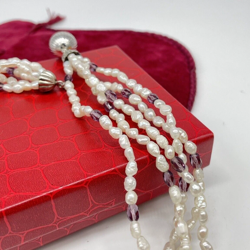 Collana donna elegante girocollo di perle naturali di fiume argento925 multifilo - Immagine 2 di 4